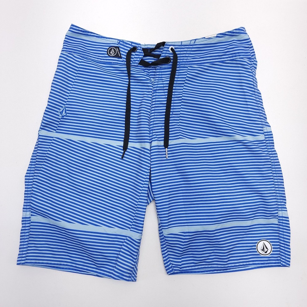 Volcom Board Shorts Mens 's 28 Blue Stripes Pocket Drawstring Swim Trunks